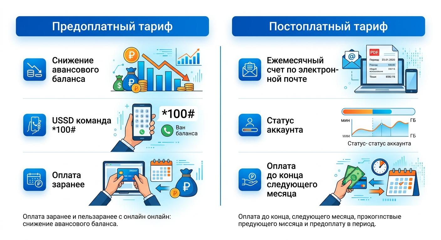 сравнение двух схем расчёта: в предоплате деньги списываются сразу, в постоплате счёт приходит за прошлый период