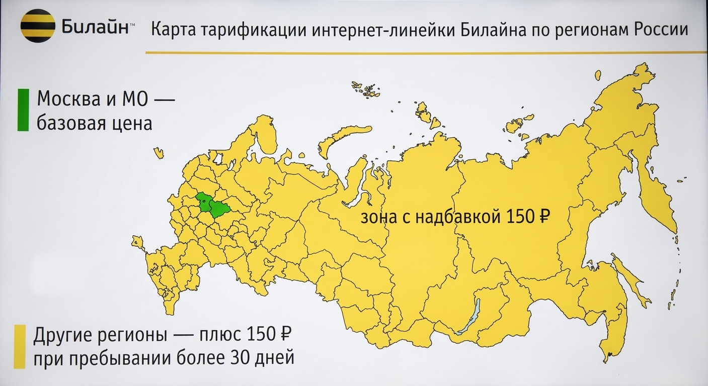 схематичная карта России с выделенной Московской областью и остальной территорией, показывающая разницу в абонентской плате для восьми тарифов Билайна