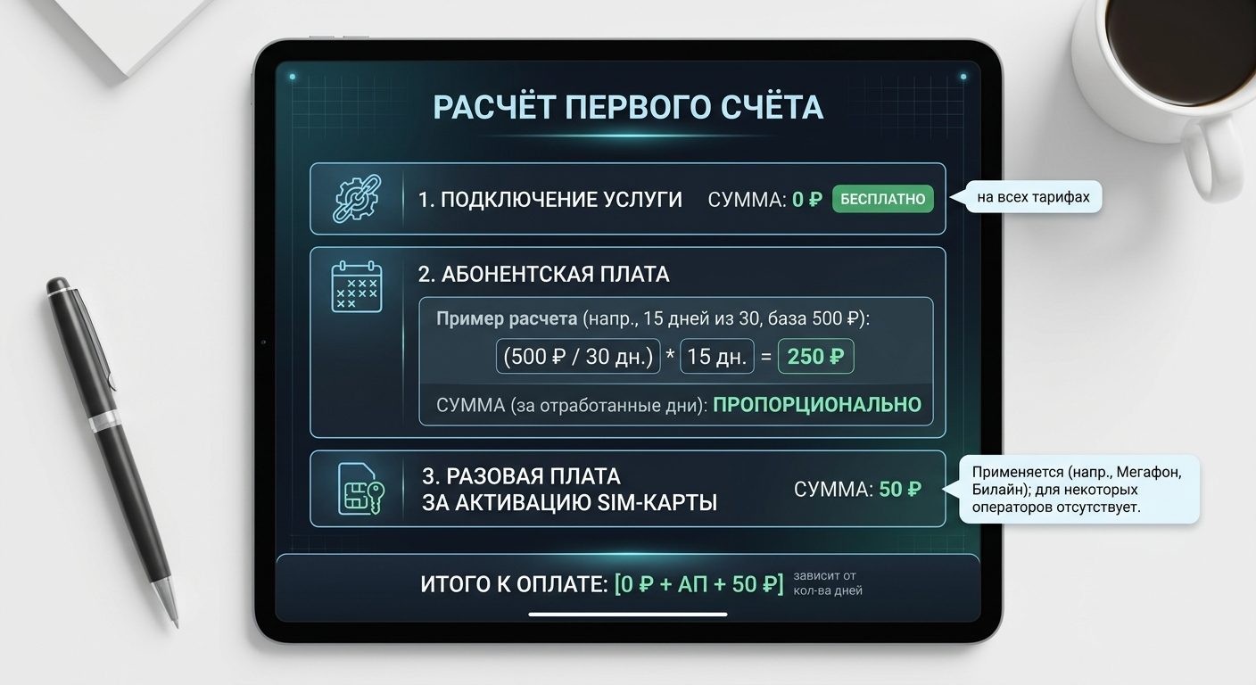 расчёт первого счёта из трёх строк: подключение 0 рублей, абонентская плата за отработанные дни, разовая плата 50 рублей